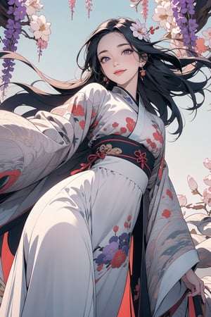 (thigh shot),from below,wide shot,standing,1girl, long hair,black hair, jewelry, braid, earrings, hanfu,hair ornament,purple hanfu,outdoor,visual appeal,Chinese ancient background,delicate facial features,detailed eyes,deep eyes,masterpiece,purple flowers,wisteria,wind,floating hair,closed mouth,smile,laughter and joy,dynamic pose,