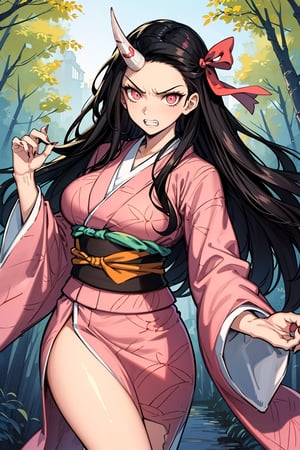 1girl,(huge muscle,muscular),nezuko kamado,single horn,angry,fang,clenched teeth,black hair, forehead,hair ribbon, long hair, multicolored hair, pink eyes, orange hair, slit pupils, wavy hair, two-tone hair, asa no ha (pattern), checkered sash, haori, japanese clothes, kimono, long sleeves, obi, pink kimono, sash, wide sleeves,forest,dynamic angle,dynamic pose,extremely excellent composition,visual appeal,pointed nails,