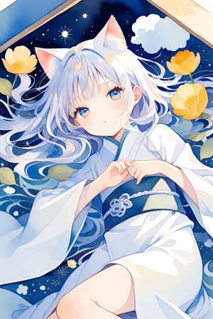 score_9,score_8_up,score_7_up, ,masterpiece,best quality,shota,delicate and charming,long hair,wide sleeves,cloud patterns,chinese clothes,white robe with light blue accents,light blue belt,lying on her side,curled up pose,(lying in a box),sagawa,cat ears,cat tail,white hair,flower,watercolor \(medium\),