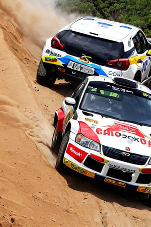 The white rally car is turning on the mountain road in Bayinbuluke, and a lot of sand and dust are kicked up from the rear of the car.