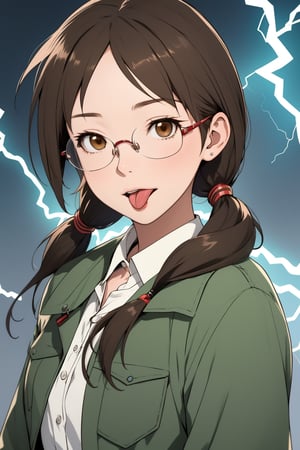1girl,solo,parted bangs,brown hair,long hair,messy hair,brown eyes,green stand collar jacket,low twintails,Stand collar,glasses,tongue,tongue out,parody,(electricity: 1.2),Yozakura Quartet\,Kotoha Isone\,