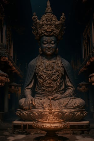 masterpiece,best quality,dark night,giant Buddha in the palace hall and a Buddhist lamp,the only light source comes from this Buddhist lamp,ct-identityV2,