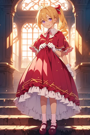 biscuit krueger\krueger biscuit\hunter x hunter\,(full body),standing,1girl,(masterpiece,4k,best quality),pixiv,detailed eyes,tiny girl,hair between eyes,ahoge,biskywz,blonde hair,bangs,ponytail,long hair,drill hair,hair ribbon,red and pink dress,(frilled dress),(red capelet),(white gloves),purple eyes,architecture,smile,elegant posture,bobby socks,mary janes,((curtsey)),((lifted by self)),(beautiful female fingers,good hands),crossed legs,