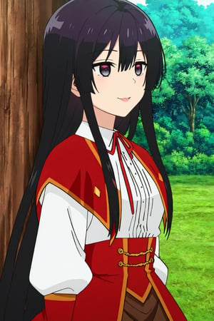 score_9, score_8_up, score_7_up, source_anime, best quality,upper body,from side,smile,elegant posture,yumielladolkness,(wariza),black hair,very long hair,hair between eyes,black eyes,expressionless,white shirt,long sleeves,frills,neck ribbon,red ribbon,(red cape),brown pleated skirt,frilled skirt,red corset,red front skirt,straight hair,grass,tree,flower,