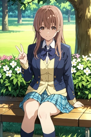 score_9, score_8_up, score_7_up, source_anime,(detailed eyes),(dark blue blazer),((wariza)),nishimiya shouko\,shouko nishimiya\a silent voice\,1girl,cowboy shot,long hair,bangs,hair between eyes,brown hair,sitting,brown eyes,blue bowtie,school uniform,yellow cardigan,white shirt,long sleeves,pleated skirt,blue and white plaid pleated skirt,dark blue socks,brown loafers,smile,tree,flower,grass,V-sign,peace sign,
