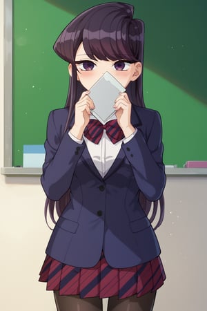 score_9, score_8_up, score_7_up, source_anime,(detailed eyes),komi shouko\,shouko komi\komi can't communicate\,cowboy shot,1girl,((with girl two hands holding notebook)),(with the notebook with text as "thank you"),((A4 size notebook)),(open notebook),(show notebook),(notebook covering mouth),two hands up,english text,long hair,bangs,black hair,purple eyes,striped bow tie,dark blue blazer,white shirt,long sleeves,pleated skirt,black pantyhose,blush,red and black striped bow tie,red and black striped pleated skirt,thighband pantyhose,miniskirt,style_brush,