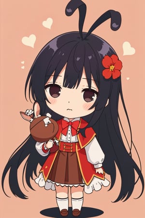 score_9, score_8_up, score_7_up, source_anime, (masterpiece,best quality,chibi,cute and adorable,kawaii),yumielladolkness,black hair,very long hair,black eyes,red cape,brown pleated skirt,red corset lace-up skirt,holding a cute rabbit stuffed doll,dreamy background,flowers,