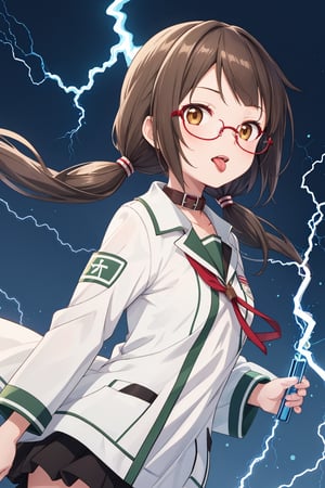 1girl,solo,parted bangs,brown hair,long hair,messy hair,brown eyes,green stand collar jacket,low twintails,Stand collar,glasses,tongue,tongue out,parody,(electricity: 1.2),Yozakura Quartet\,Kotoha Isone\,