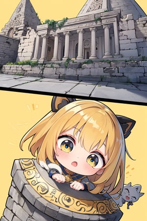 (detail processing: 1.2),egypt theme background,egyptian characteristics,egypt,desert,worn stone pedestal amidst ancient temple ruins,ancient temple ruins,blue and gold hieroglyphics,tuya,anime chibi style,chibi,master's masterpiece,high resolution,absurdres,clear,excellent composition,cats,cutes,multiple cats,detailed filling,