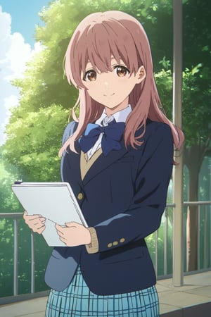 score_9, score_8_up, score_7_up, source_anime,(detailed eyes),shouko nishimiya,1girl,cowboy shot,long hair,bangs,brown hair,brown eyes,blue bowtie,blazer,blue and white plaid pleated skirt,smile,tree,holding notebook,open notebook,(show notebook),(Notebook with text "thank you"),