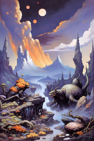 (oil painting,fantasy wrold),(masterpiece,best quality),(perfect composition,visual appeal),(ultra-detailed,more detail),(meticulous,aethetic),original,fantasy,qiteshanfeng,A whimsical landscape featuring a large,FANTASY STYLE,strange creatures,