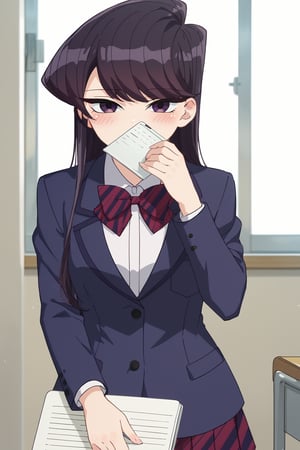 score_9, score_8_up, score_7_up, source_anime,(detailed eyes),komi shouko\,shouko komi\komi can't communicate\,1girl,cowboy shot,long hair,bangs,black hair,purple eyes,striped bow tie,dark blue blazer,white shirt,long sleeves,pleated skirt,black pantyhose,blush,notebook covering mouth,red and black striped bow tie,red and black striped pleated skirt,thighband pantyhose,miniskirt,(hands holding notebook),(open notebook),english text,hand up,(show notebook),(notebook with text as "thank you"),style_brush,