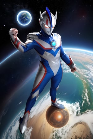 masterpiece,4K,best quality,(ultraman),(ultraman focus),(360 degrees photo to tiny planet),from above,360picture,(little planet),concept art,(standing on the planet),pose,(((hold one hand high))),(make a fist),(round planet),(universe),star,