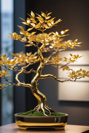 bonsai,branches and trunks made of glass,leaves made of gold(metal),transparent branches and trunks,metallic feel,metal reflective,gold,metal,gold metal,aethetic,8k Ultra HD,masterpiece,product view,specialty store,bokeh,