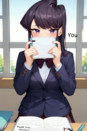 score_9, score_8_up, score_7_up, source_anime,(detailed eyes),Shouko Komi,1girl,(holding notebook),((notebook with text as "thank you")),(open notebook),(show notebook),(hands up),english text,long hair,bangs,black hair,purple eyes,blazer,blush,red and black striped pleated skirt,thighband pantyhose,style_brush,(eyes highlights),window,notebook covered mouth,