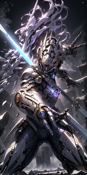 armor full power,(battlefield: 1.4),(thigh shot: 1.2),tech,imperial,perfect hands,detailed fingers,intricate details,extremely excellent composition,visual appeal,beautiful detailed glow,sparkling,metal reflective,glowing,from front,dynamic angle,(dynamic pose: 1.4),purple mist,sword,more blades,perfect body,future technology beam weapon,