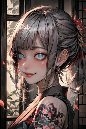 smile,Yandere,A striking artwork featuring two elegant figures adorned in vibrant, traditional Japanese kimonos. One figure has long, dark hair with a red flower accessory, while the other has shorter silver hair. Both are characterized by detailed tattoos and ornate jewelry, including large earrings. Their expressions convey a sense of intimacy and mystery, set against a backdrop of colorful floral patterns and soft, ethereal lighting that enhance the overall aesthetic. (make up,detailed eyes,beautiful female fingers,Japanese style garden,architecture,dreamy atmosphere),