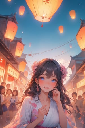 (masterpiece,best quality,4K),sky lantern,(2 girls),multiple people,visual appeal,expressiveh,volumetric light,east asian architecture,multiple sky lanterns,densely packed,laughter and joy,grinning,extremely detailed face,extremely detailed eyes,