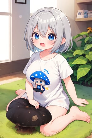 1girl,Magical POP Illustration,chibi,large breasts,short hair,blue eyes,bangs,skin fang,grey hair,hair between eyes,wide t-shirt,boyfriend style,short sleeves,barefoot,only wear t-shirt,white t-shirt,too big clothes,loose,no pants,much bigger clothes,(mini girl:1.3),wariza,Life-sized mushroom,sitting on mushroom,cute,kawaii,chibi style,