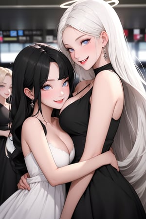 ((score_9, score_8_up, score_7_up, ,masterpiece,best quality,4K,group photo,(two girls,two people),angel and devil,same age,(cuddle),glamorous,gorgeous,beautiful,delicate facial features,detailed eyes,large breasts,smile,small mouth,airport)).
A role : (devil girl wearing ((black dress)),(little devil tail),white hair,long hair,long parted bangs)\.
B role : (angel girl wearing (white dress),halo,blond,bare shoulders)\.