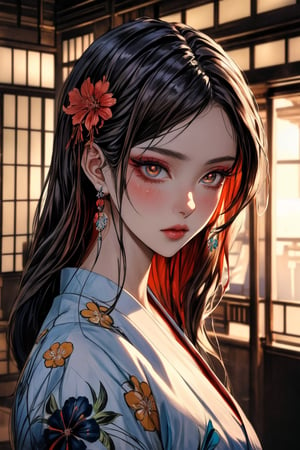 (shexyoart),A striking artwork featuring two elegant figures adorned in vibrant, traditional Japanese kimonos. One figure has long, dark hair with a red flower accessory, while the other has shorter silver hair. Both are characterized by detailed tattoos and ornate jewelry, including large earrings. Their expressions convey a sense of intimacy and mystery, set against a backdrop of colorful floral patterns and soft, ethereal lighting that enhance the overall aesthetic. (make up,detailed eyes,beautiful female fingers,Japanese style garden,architecture,dreamy atmosphere),