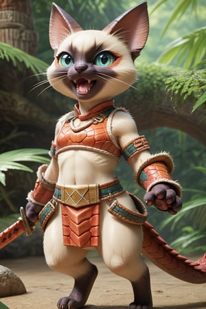 score_9,score_8_up,score_7_up, ,masterpiece,8k Ultra HD,(best quality),no humans,((skinny)),(solo),kawaii,:3,open mouth,(siamese cat),fangs,whiskers,full body,standing,(three head length),felyne \(monster hunter\),airu neko\,dynamic pose,jungle,red dragon scale armor,silver metal accents,holding a red dragon scale sword,