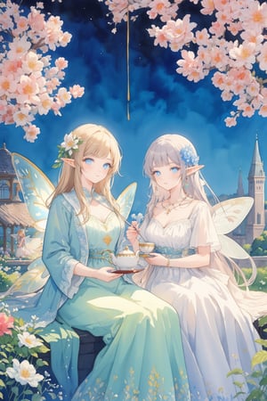 2 girls,two people,(gouache watercolor art,fairy tale illustrations),((ultra highly detailed)),(detailed filling,intricate image),(stunning image,complex background),scenery,butterflies,flowers,frilled dress,hair flower,architecture,glowing,jewelry,elf,tree,(fantasy,dreamlike),(detailed eyes),(beautiful,aesthetic),sky,(masterpiece,best quality),(excellent composition,visual appeal),(sitting),pavilion,garden,teapot,cup,dessert,