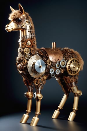 Steampunk style,The alpaca is constructed with numerous mechanical components, including gears, screws, and wires, intricately mimicking the form of an alpaca. The head features intricate gear structures, while wires and pipes make up the trunk. The body consists of metallic parts, each intricately detailed to resemble alpaca skin. 