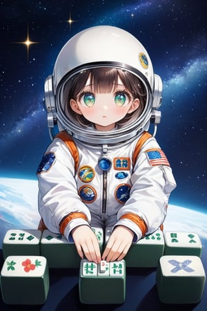 (1girl,little girl,girl focus),full body,sitting,kawaii,astronauts,((1mahjong,huge mahjong,sitting on mahjong)),starry sky background,masterpiece,4K,best quality,fantasy,concept,(detailed eyes),meticulous,detail processing,PVC Style,space suit,spacesuit helmet,