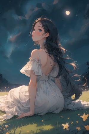 score_9, score_8_up, score_7_up, ,(masterpiece,best quality,4K),1girl,black hair,long hair,white dress,grassland,sitting on the grass,(night),moon,starry sky,look up,back view,((looking at the starry sky)),full shot,water well focus,only hazy moonlight,(delicate facial features),