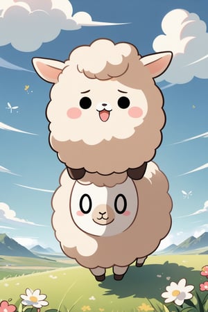 1girl,(solid circle eyes: 1.5),(chibi: 1.4),pajamas,extremely excellent composition,visual appeal,contour,funny face,huge head,cute,kawaii,alpaca,pajamas girl riding a alpaca,grassland,cloud,dragonflies,