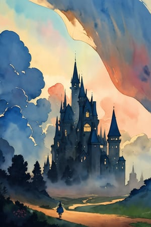 (watercolor style,gouache style,fairy tales,ultra highly detailed,complex background),masterpiece,absurdres,best quality,excellent composition,visual appeal,(mysterious,beautiful and aesthetic,wide,far away shot,full body),