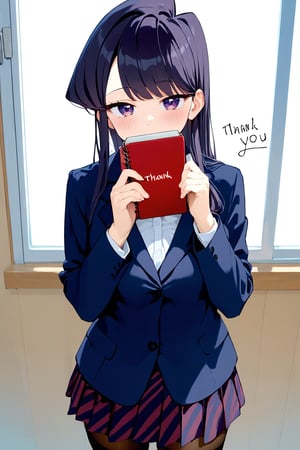 score_9, score_8_up, score_7_up, source_anime,(detailed eyes),Shouko Komi,1girl,(holding notebook),((notebook with text as "thank you")),(open notebook),(show notebook),(hands up),english text,long hair,bangs,black hair,purple eyes,blazer,blush,red and black striped pleated skirt,thighband pantyhose,style_brush,(eyes highlights),window,notebook covered mouth,