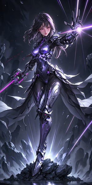 armor full power,(battlefield: 1.4),(thigh shot: 1.2),tech,imperial,perfect hands,detailed fingers,intricate details,extremely excellent composition,visual appeal,beautiful detailed glow,sparkling,metal reflective,glowing,from front,dynamic angle,(dynamic pose: 1.4),purple mist,sword,more blades,perfect body,future technology beam weapon,beam weapon,purple theme,universe,levitating laser cannon,