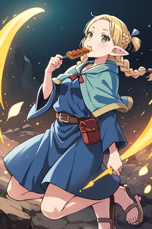 (masterpiece,excellent composition),4K,best quality,(far away shot),1girl,dungeon,marcille donato\donato marcille\(delicious in dungeon\),pointy ears,blonde hair,parted bangs,hair ribbon,green eyes,red choker,light blue capelet,ribbon,(dark blue dress,long dress),long sleeves,brown belt,belt pouch,sandals,(french braid twin braids),((visual appeal,art style by Mitsutoshi Shimabukuro + Ryoko Kui)),dynamic angle,dynamic pose,eating,sumptuous food,