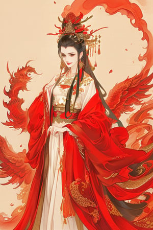 ((4k,masterpiece,best quality)),shuimobysim,traditional chinese ink painting,hanfu,Chinese bride wedding dress,phoenix crown,red theme,(base color: red),