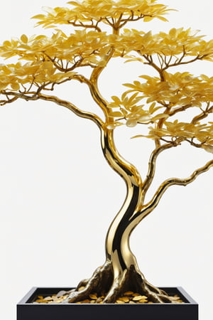 bonsai,branches and trunks made of glass,leaves made of gold(metal),transparent branches and trunks,White background,metallic feel,metal reflective,gold,metal,gold metal,aethetic,8k Ultra HD,masterpiece,product view,