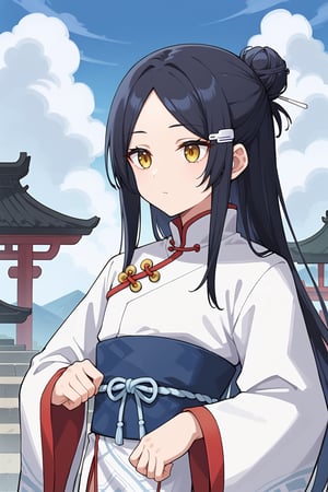 long hair,waist length hair,long parted bangs,hair bun,black hair,long sleeves,1boy,upper body,wide sleeves,yellow eyes,white headband with light blue accents,cloud patterns,expressionless,white hair tie,white hairpin,chinese clothes,hanfu,white robe with light blue accents,light blue belt,white cloth boots,Chinese ancient style architecture,