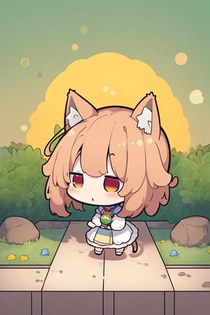 score_9,score_8_up,score_7_up, ,masterpiece,4K,best quality,holding a Q version character,chibi,kawaii,cute,innocent expression,miniature garden,petite character,cat ears,cat tail,white dress,holding in mid-air,pov hand,