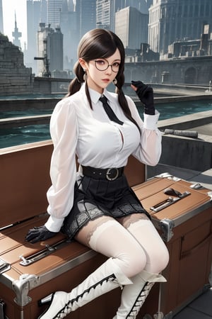 4K,masterpiece,best quality,1girl,full body,(((accord \(drakengard 3\)))),large breasts,black hair,long hair,low twintails,(blunt bangs),extremely detailed face,extremely detailed eyes,((glasses (round frame))),earrings,white collarless shirt,white detached collar,black ladies tie,long sleeves,juliet sleeves,(cufflinks),black gloves,belt,black flared skirt(short skirt),(white pantyhose),(black over-the-knee boots),black lace-up front boots,black high heels,huge suitcase,huge collectors briefcase,holding,book,holding book,open book,architecture,