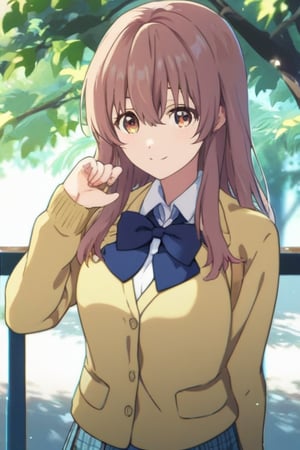 score_9, score_8_up, score_7_up, source_anime,(detailed eyes),nishimiya shouko\,shouko nishimiya\a silent voice\,1girl,cowboy shot,long hair,bangs,hair between eyes,brown hair,brown eyes,blue bowtie,school uniform,(dark blue blazer),yellow cardigan,white shirt,long sleeves,pleated skirt,blue and white plaid pleated skirt,smile,tree,((fingers together and straightened,raise left hand horizontally,raise right hand vertically)),wearing a yellow cardigan under a dark blue suit jacket,