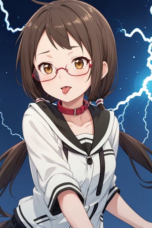 1girl,solo,parted bangs,brown hair,long hair,messy hair,brown eyes,green stand collar jacket,low twintails,Stand collar,glasses,tongue,tongue out,parody,(electricity: 1.2),Yozakura Quartet\,Kotoha Isone\,