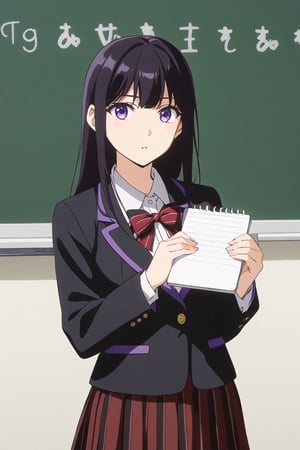 score_9, score_8_up, score_7_up, source_anime,(detailed eyes),Shouko Komi,1girl,(holding notebook),(notebook with text as "thank you"),(open notebook),(show notebook),(hands up),english text,long hair,bangs,black hair,purple eyes,blazer,blush,red and black striped bow tie,red and black striped pleated skirt,thighband pantyhose,style_brush,(notebook focus),(eyes highlights),blackboard,