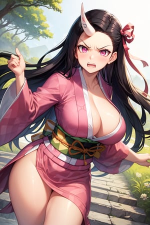 1girl,((huge muscle,muscular)),nezuko kamado,single horn,angry,fang,clenched teeth,black hair, forehead,hair ribbon, long hair, multicolored hair, pink eyes, orange hair, slit pupils, wavy hair, two-tone hair, asa no ha (pattern), checkered sash, haori, japanese clothes, kimono, long sleeves, obi, pink kimono, sash, wide sleeves,forest,dynamic angle,dynamic pose,extremely excellent composition,visual appeal,