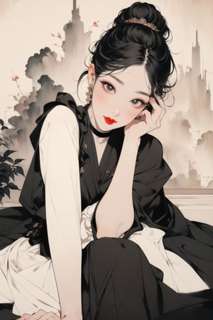 masterpiece,best quality,(1girl),girl focus,detailed eyes,beautiful,aethetic,stretch out little finger,with apply lipstick with little finger,black eyes,beautiful female fingers,