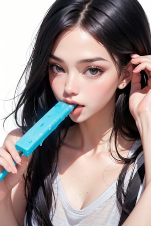 1girl,side to left,licking a dripping popsicle,right hand up,adjusting hair,stick out tongue,left hand hold popsicle,highres