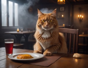 red angry cat at table, yellow eyes, paws on (wooden table), lunch in pub, baked chiken on the plate, ((RESERVED sign)), looking at viewer, close up, professional light, mystical dense fog, epic scene, haunting mist, skj_cinematic:0.8