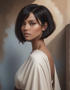 a highly detailed, photorealistic photography of a woman with short, voluminous black hair, (Inverted Bob) that frames her intense violet eyes and warm brown skin. Her attire consists of a white, loosely draped robe that opens at the chest, revealing a structured top beneath that enhances her strong, poised stance. The background should be rendered with abstract, earthy tones of ochre, soft blue, and warm red, resembling an oil painting with distinct brushstrokes that add to the tactile quality of the scene. Emphasize lifelike textures in her skin, the light reflections in her eyes, and the depth of shadow within her hair, creating a realistic and captivating representation.Standing with her back on wall, looking over her shoulder, her presence commanding and serene.
