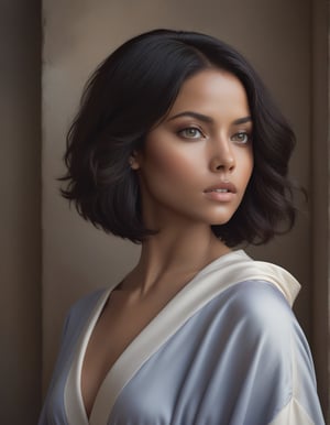 a highly detailed, photorealistic photography of a woman with short, voluminous black hair, (Inverted Bob) that frames her intense violet eyes and warm brown skin. Her attire consists of a white, loosely draped robe that opens at the chest, revealing a structured top beneath that enhances her strong, poised stance. The background should be rendered with abstract, earthy tones of ochre, soft blue, and warm red, resembling an oil painting with distinct brushstrokes that add to the tactile quality of the scene. Emphasize lifelike textures in her skin, the light reflections in her eyes, and the depth of shadow within her hair, creating a realistic and captivating representation.Standing with her back on wall, looking over her shoulder, her presence commanding and serene.
