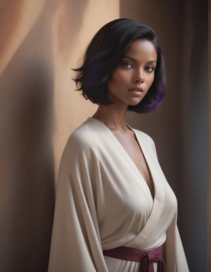 a highly detailed, photorealistic photography of a woman with short, voluminous black hair, (Inverted Bob) that frames her intense violet eyes and warm brown skin. Her attire consists of a white, loosely draped robe that opens at the chest, revealing a structured top beneath that enhances her strong, poised stance. The background should be rendered with abstract, earthy tones of ochre, soft blue, and warm red, resembling an oil painting with distinct brushstrokes that add to the tactile quality of the scene. Emphasize lifelike textures in her skin, the light reflections in her eyes, and the depth of shadow within her hair, creating a realistic and captivating representation.Standing with her back on wall, looking over her shoulder, her presence commanding and serene.
